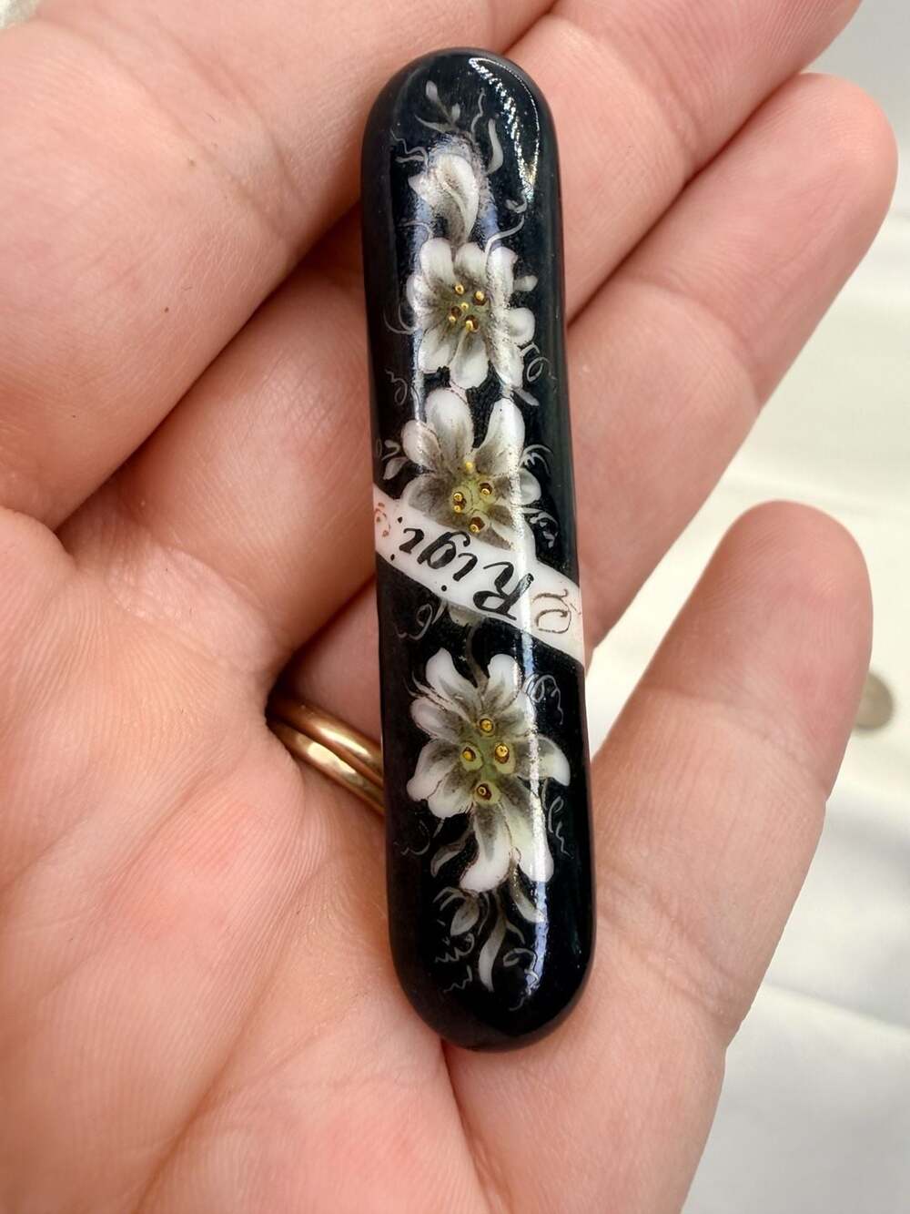 Antique Rigi Hand Painted Floral Black Lacquer Brooch